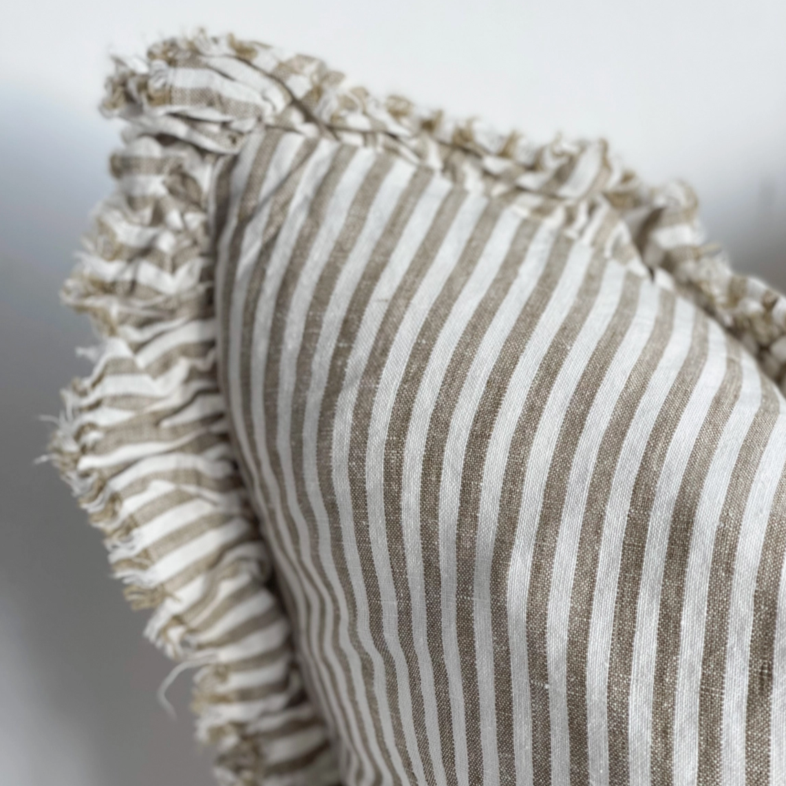 Ruffled Linen Cushion Cover Detail – Olive Stripe