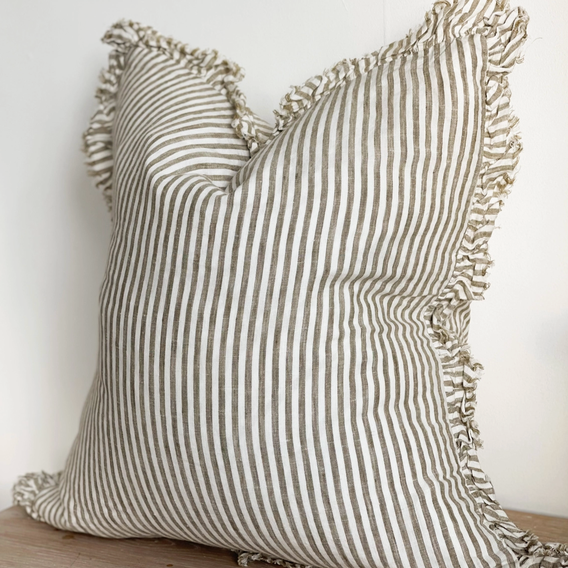 Ruffled Linen Cushion Cover Olive Stripe