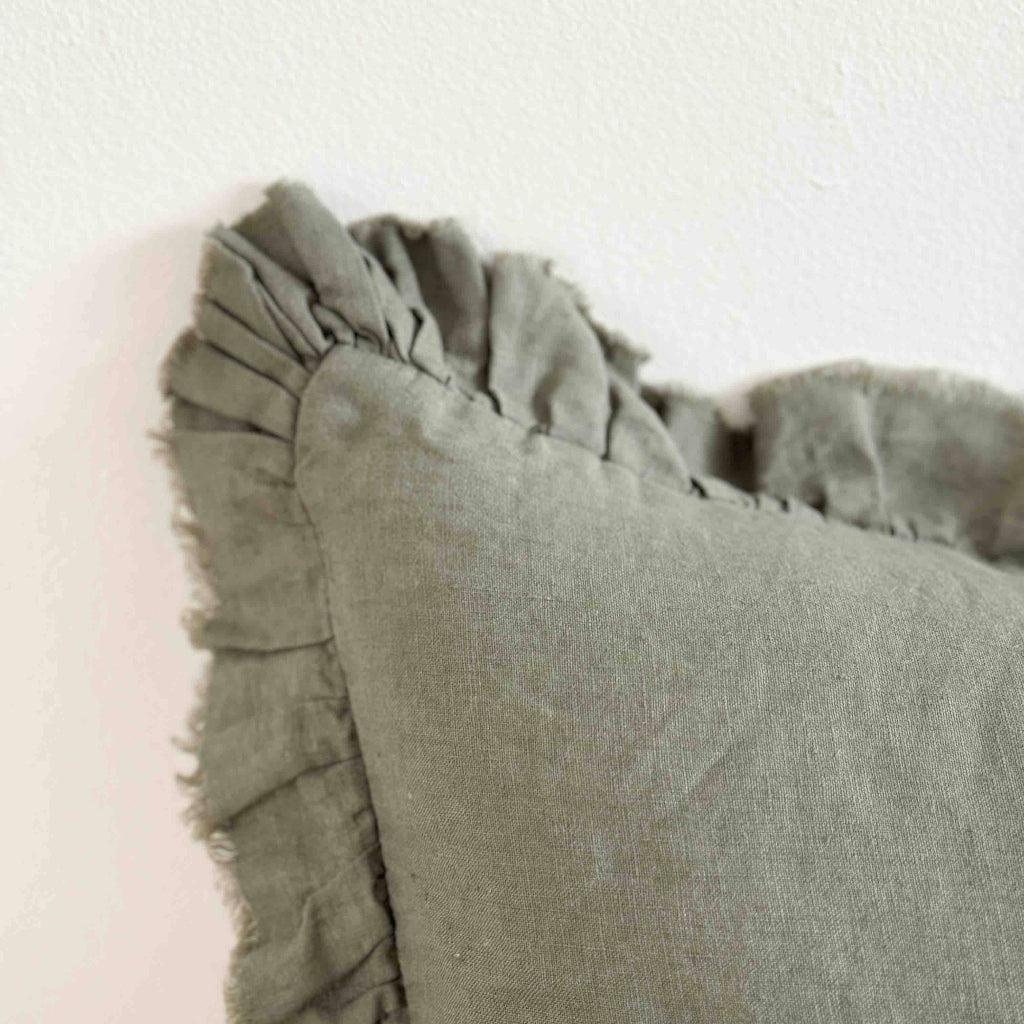 Hallie Ruffled Khaki Linen Cushion Cover