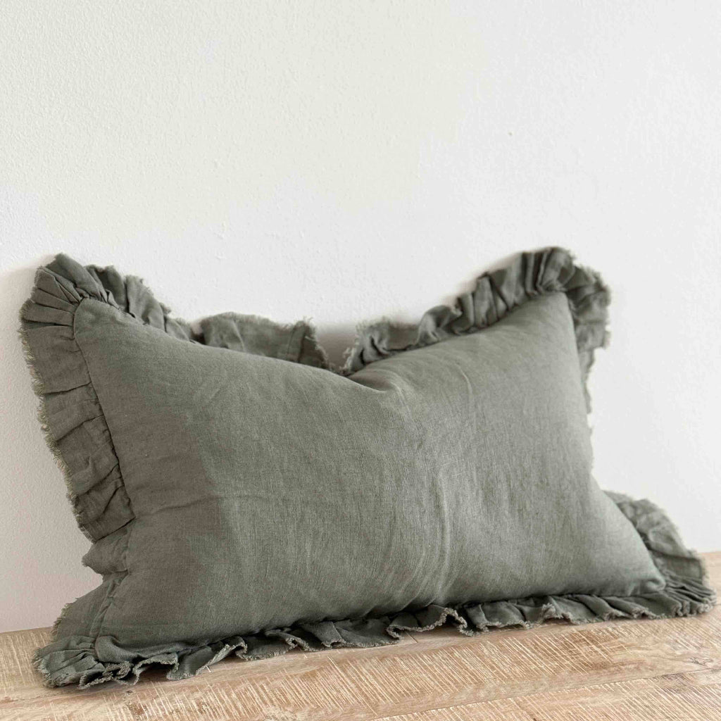 Hallie Ruffled Khaki Linen Cushion Cover