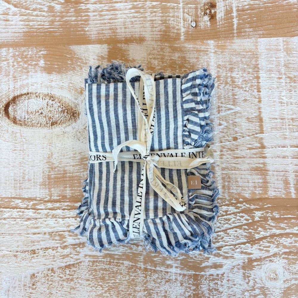 Linen Navy Stripe Ruffle Set of 4 Napkins