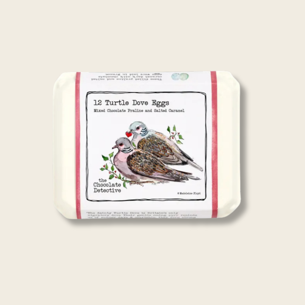 Turtle Dove Eggs packaging with illustrations of doves on a white background
