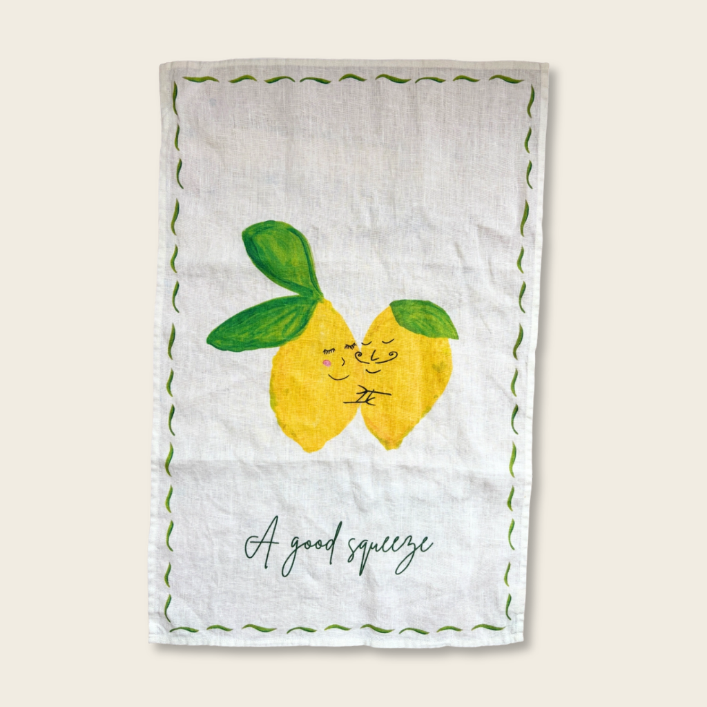 A good squeeze! Lemon Linen Tea Towel