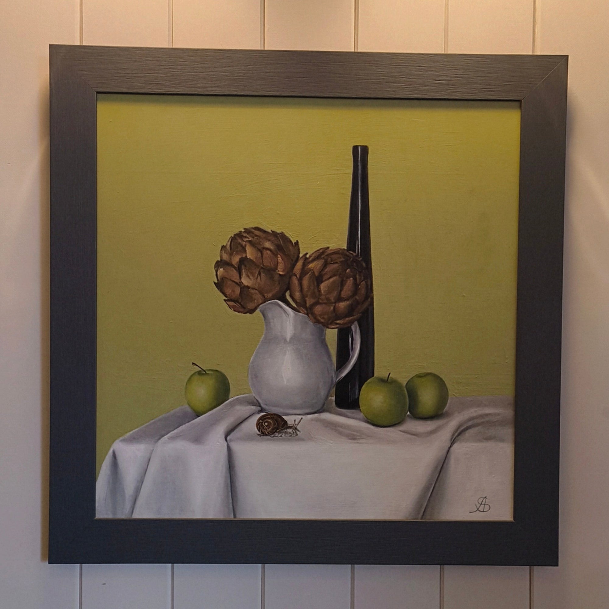 Angela Skabrin oil on wood Artichoke Still life painting