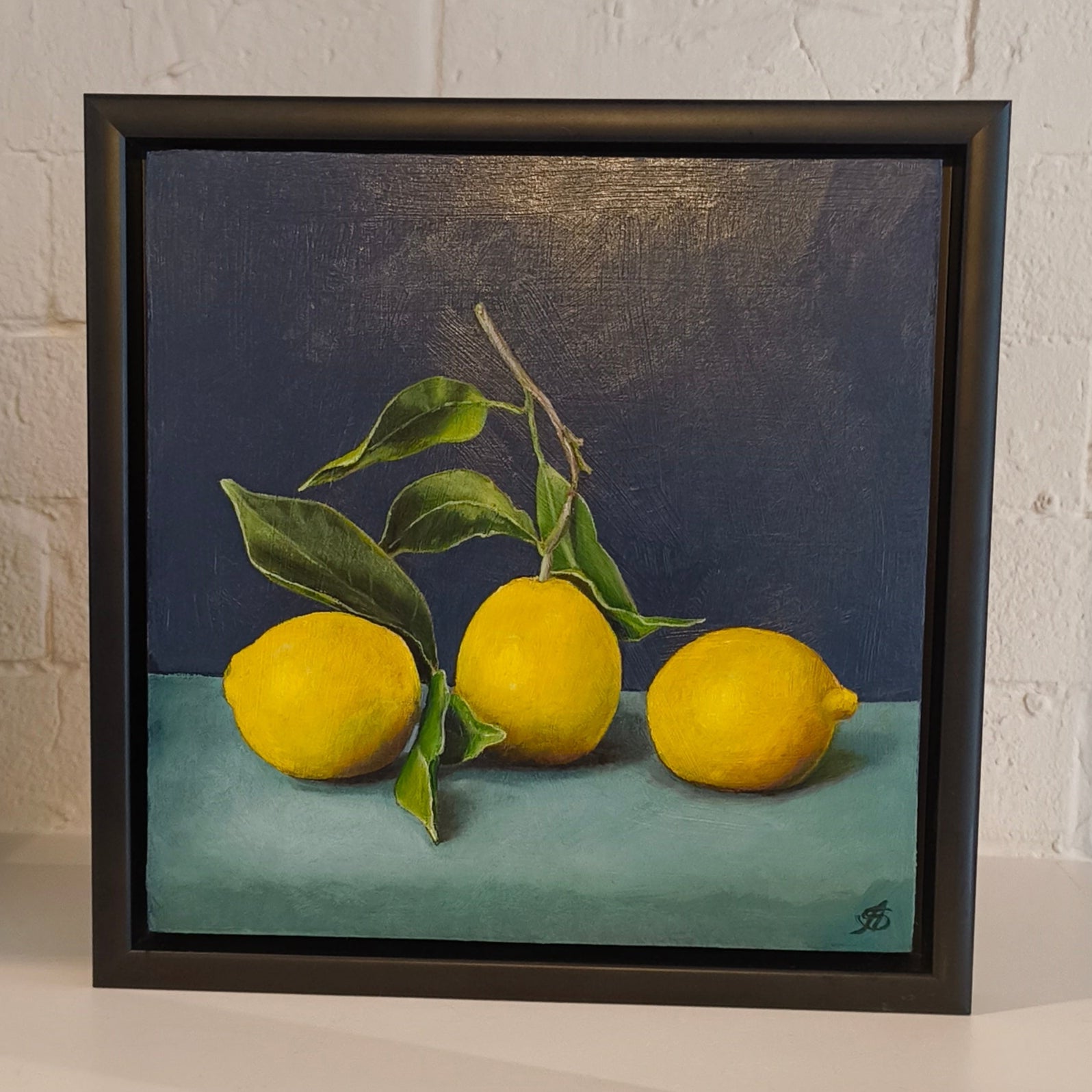 Angela Skabrin three lemons oil on wood painting