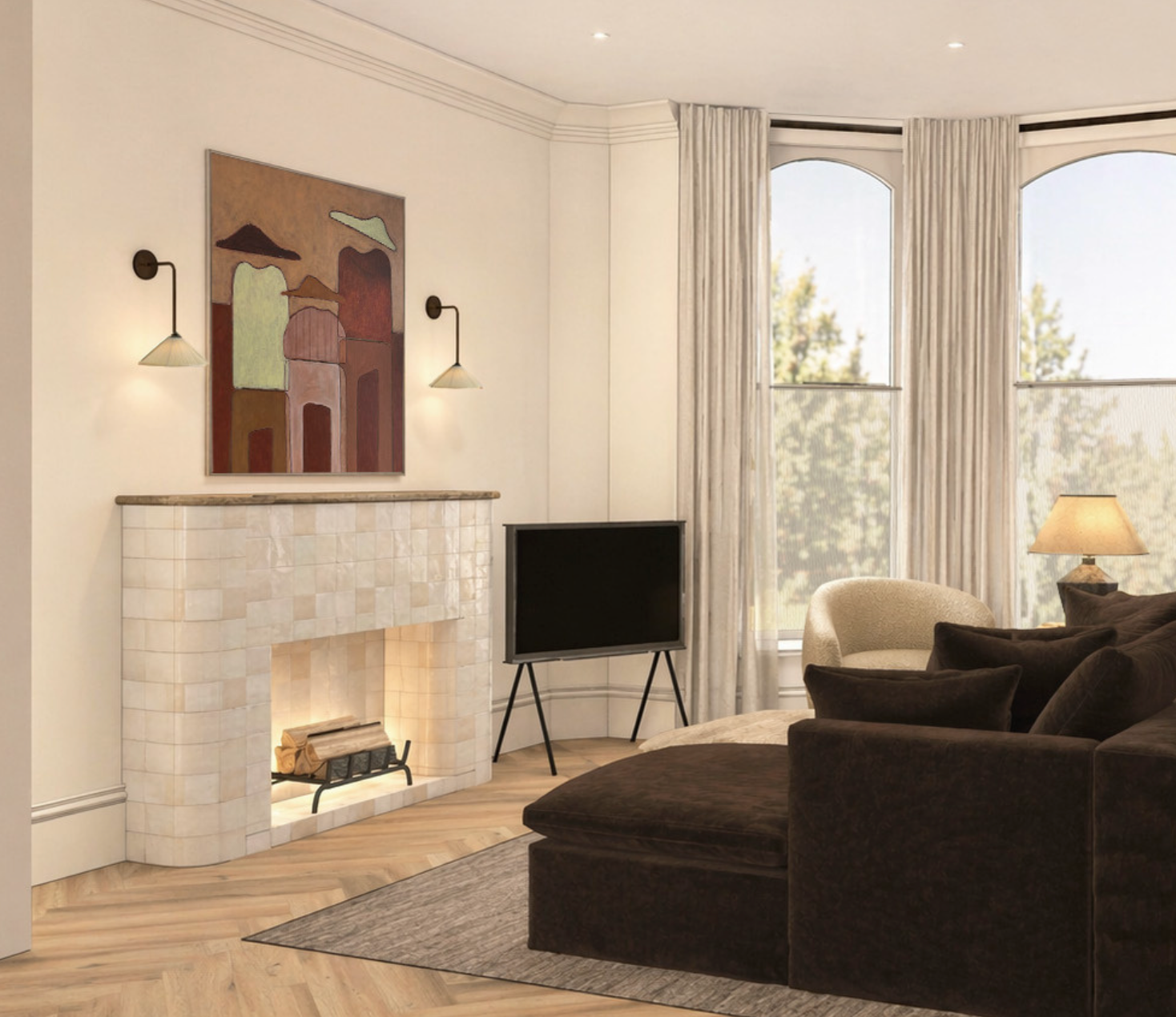 Living room with a fireplace, television, and brown sofa.