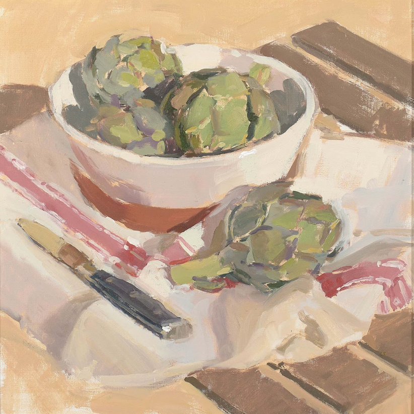 Artichokes on a Pink Striped Cloth - Lotta Teale