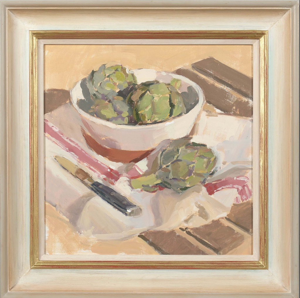 Artichokes on a Pink Striped Cloth - Lotta Teale