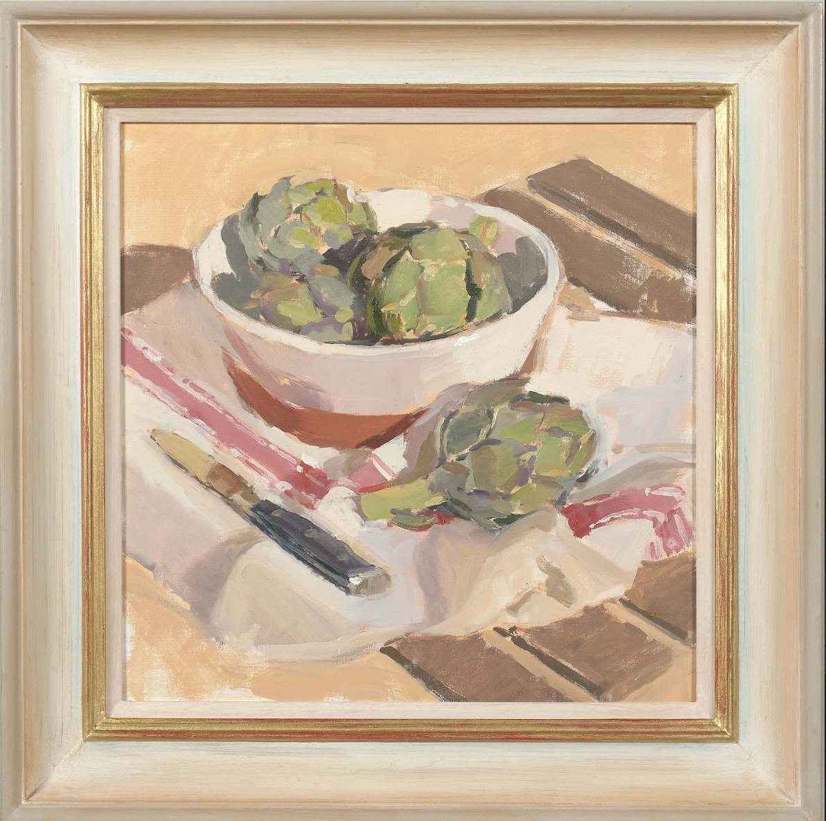 Artichokes on a Pink Striped Cloth - Lotta Teale