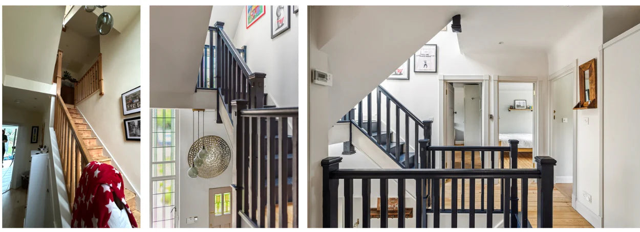 hallway before and after from wood to painted banisters
