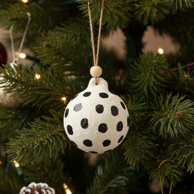 White spherical ornament with black polka dots hanging on a white background