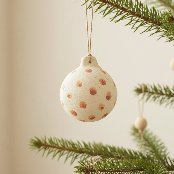 Decorative ball with brown spots hanging on a white background