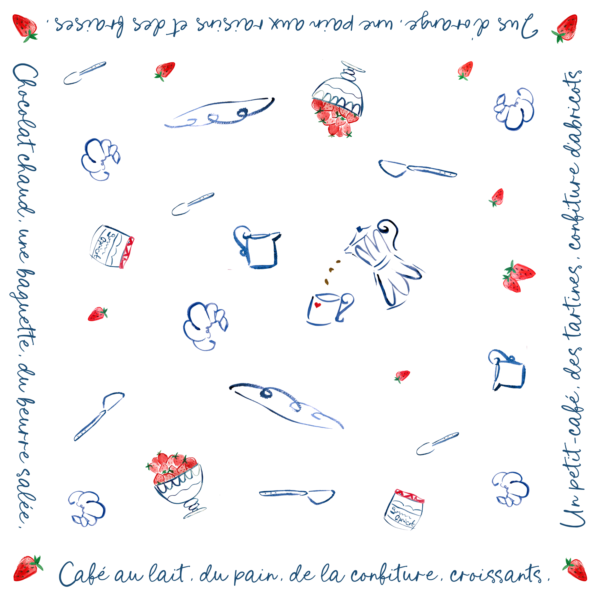 Pattern of kitchen utensils and food items with text on a white background