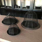 Three black wire mesh cloches on a wooden surface with a blurred background.