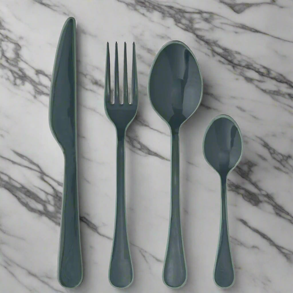 Blue enamel cutlery set edged with green