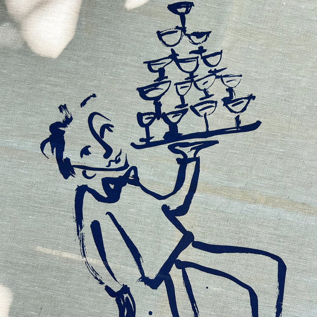 Blue ink drawing of a waiter carrying a tray with glasses on a textured beige background