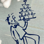 Blue ink drawing of a waiter carrying a tray with glasses on a textured beige background