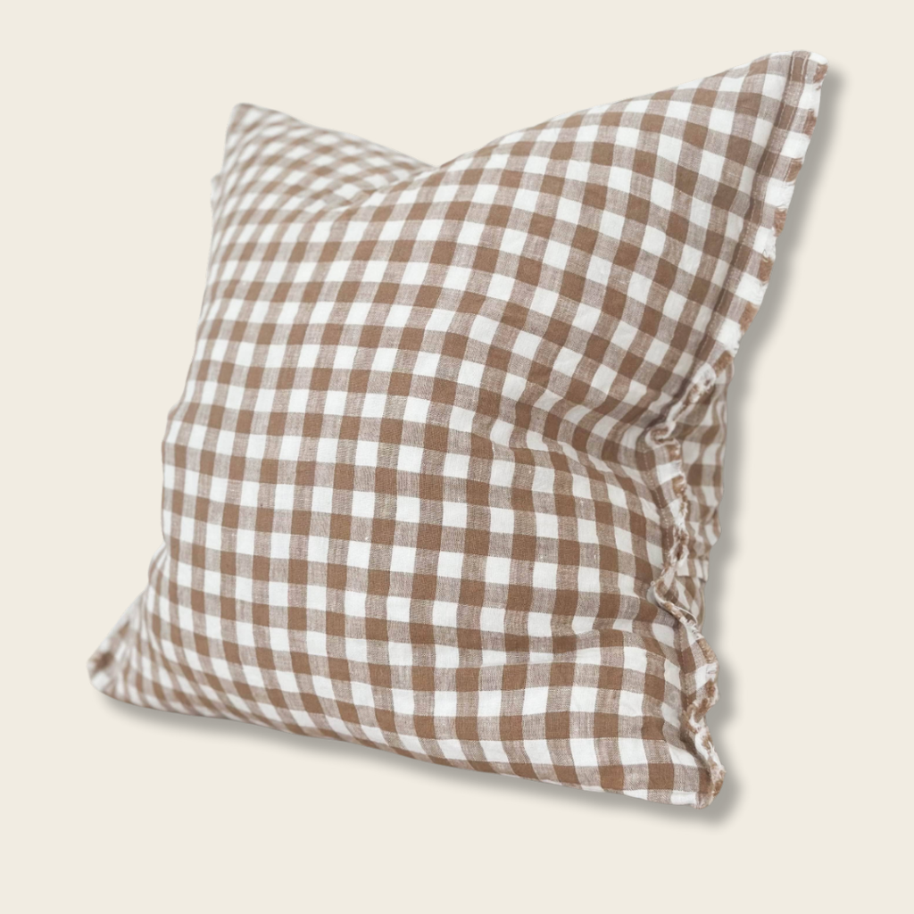 Square Brown and Cream Gingham Cushion with Frayed Edges