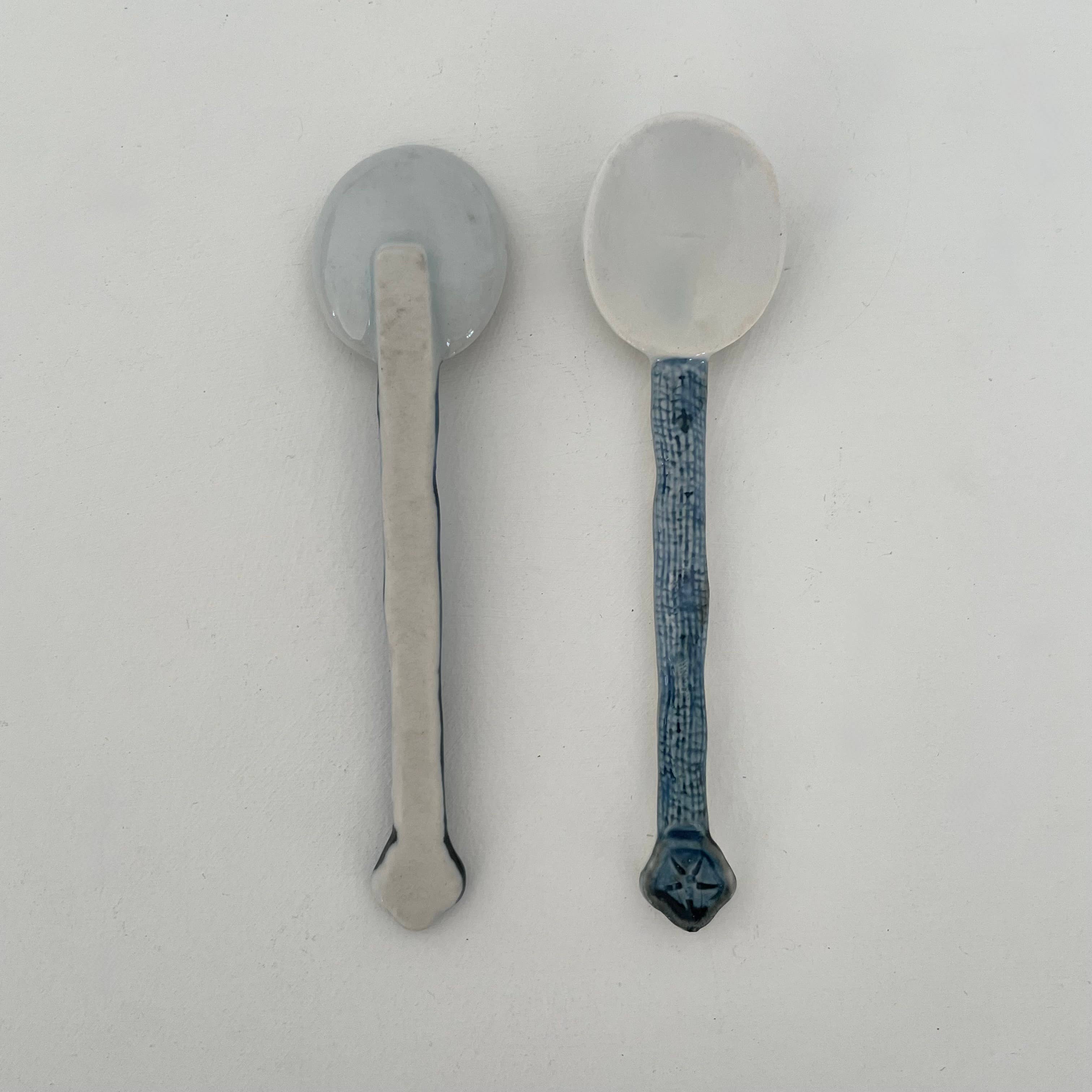 Two spoons, one with a plain handle and the other with a decorative blue handle, on a light gray background.