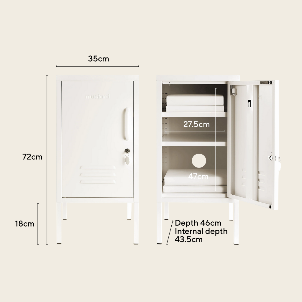 White cabinet with dimensions labeled on a beige background