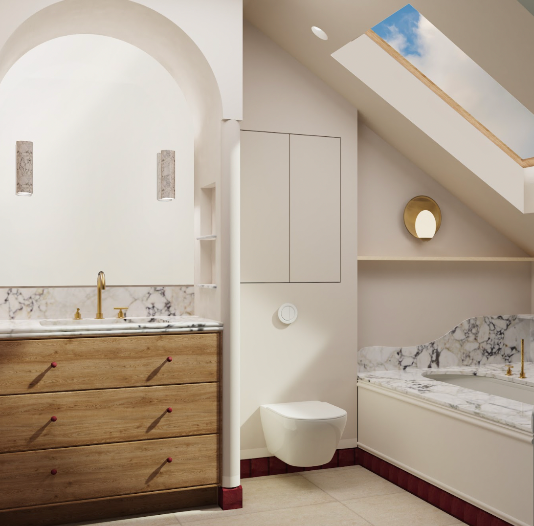 Modern bathroom with wooden vanity, toilet, and bathtub.