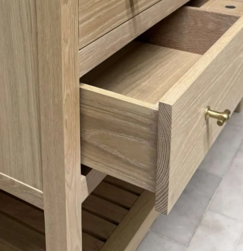 Close up of dovetail drawers for oak vanity