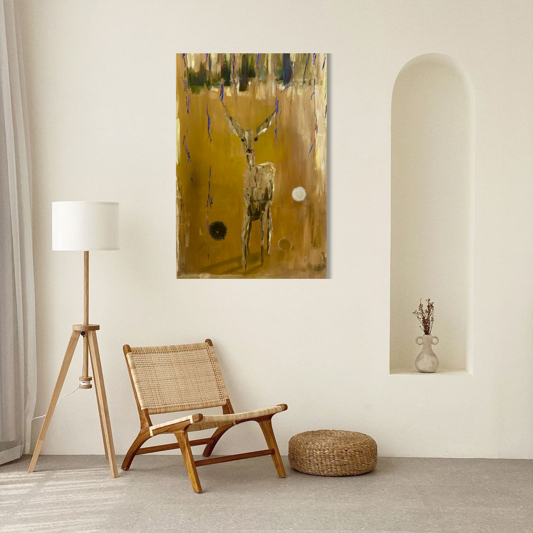Room interior with a chair, lamp, and abstract deer painting on the wall.