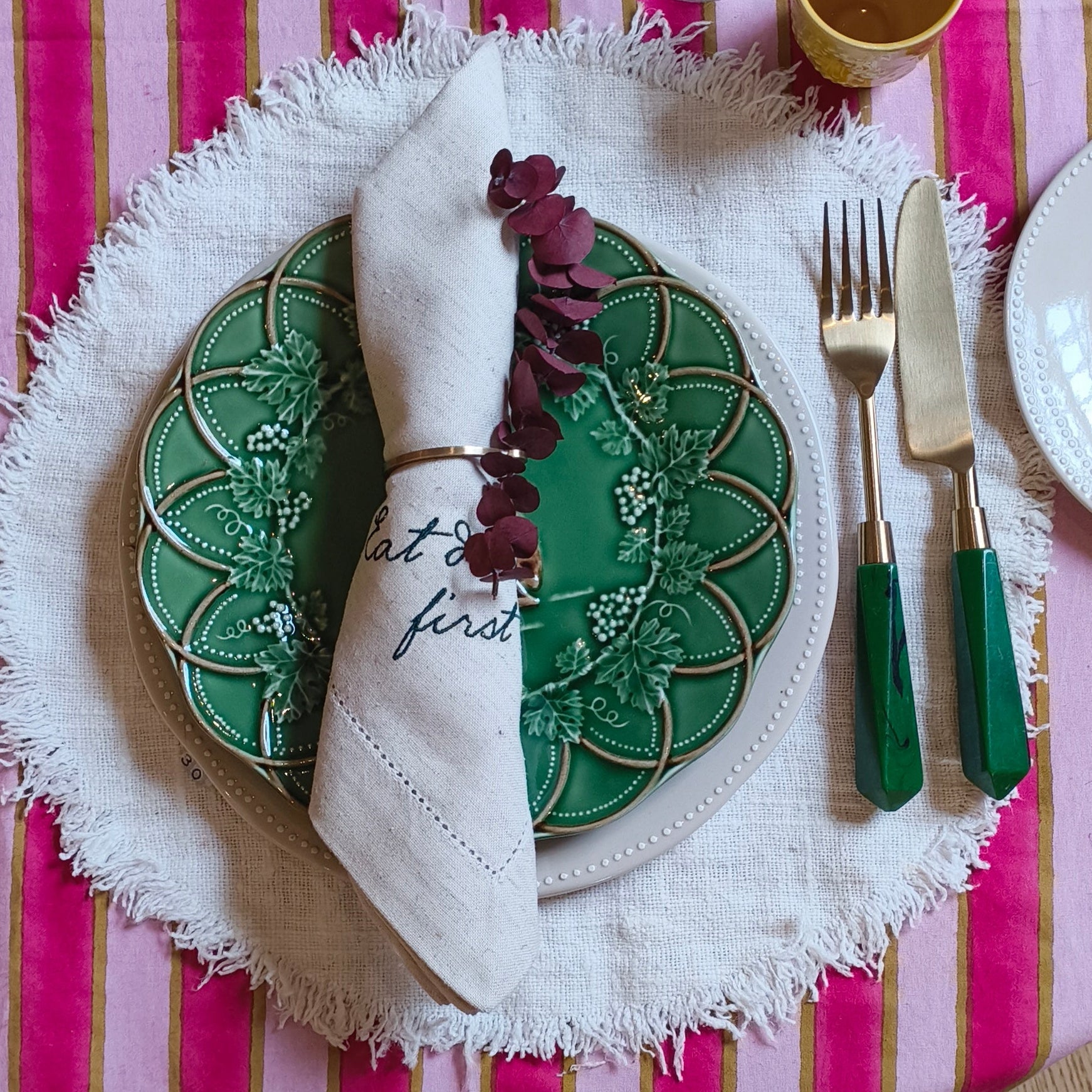 emerald green and gold knife and fork set