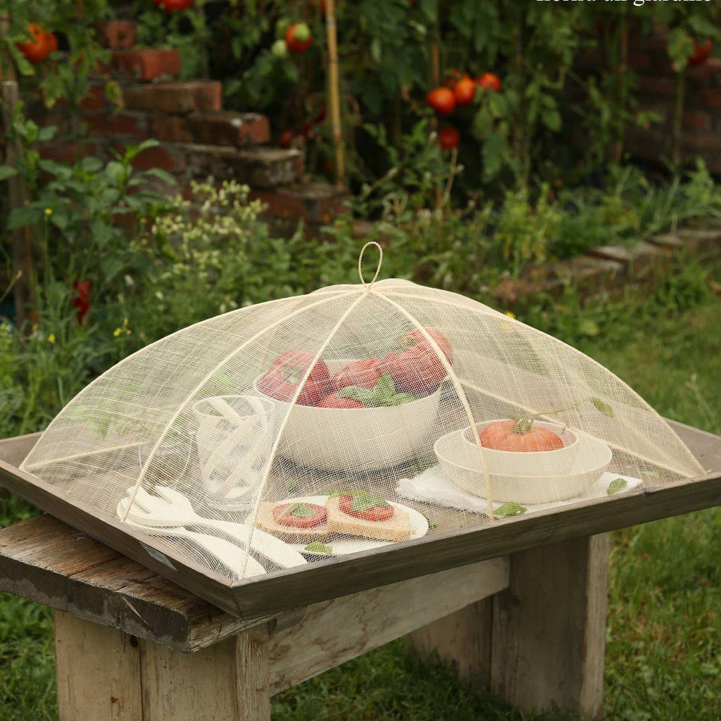 Outdoor setting with a table covered by a mesh canopy displaying food items, surrounded by garden plants.
