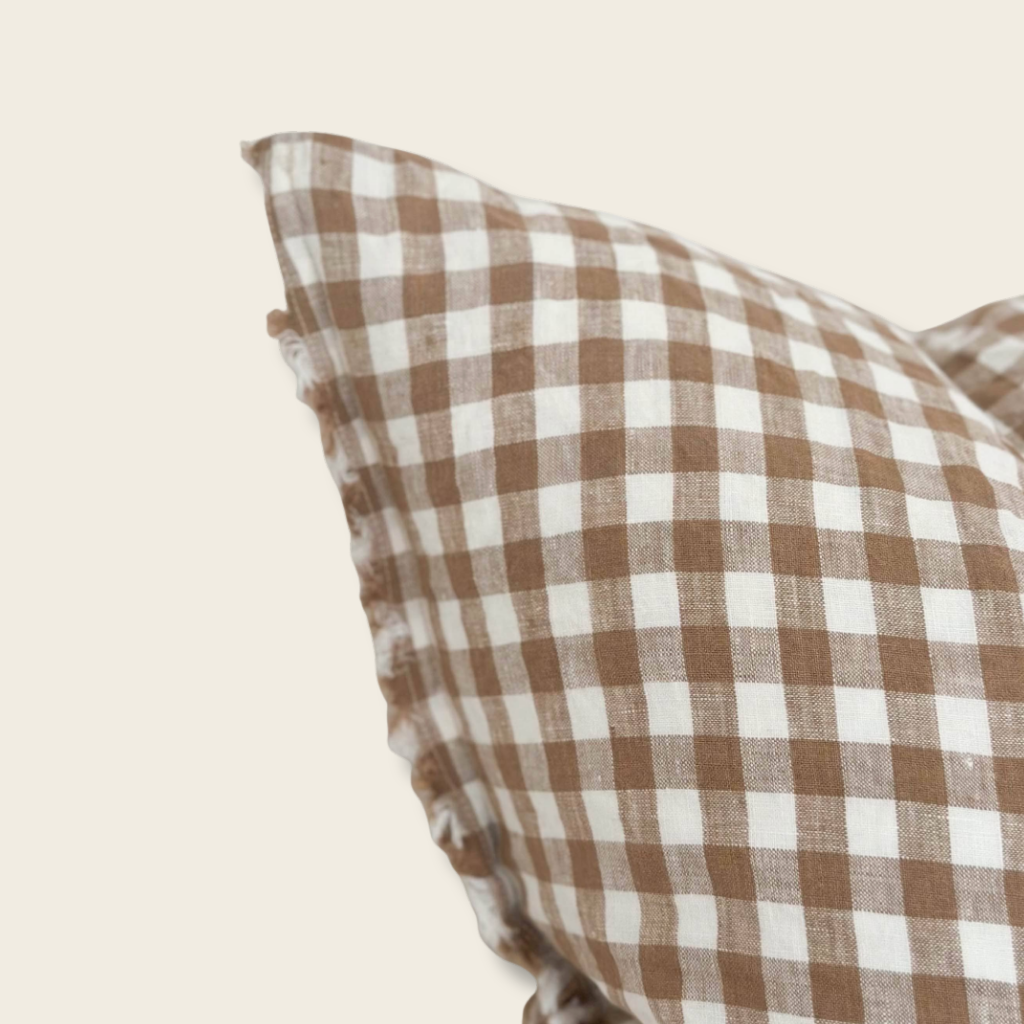 gingham cushion cover detail in brown and cream 
