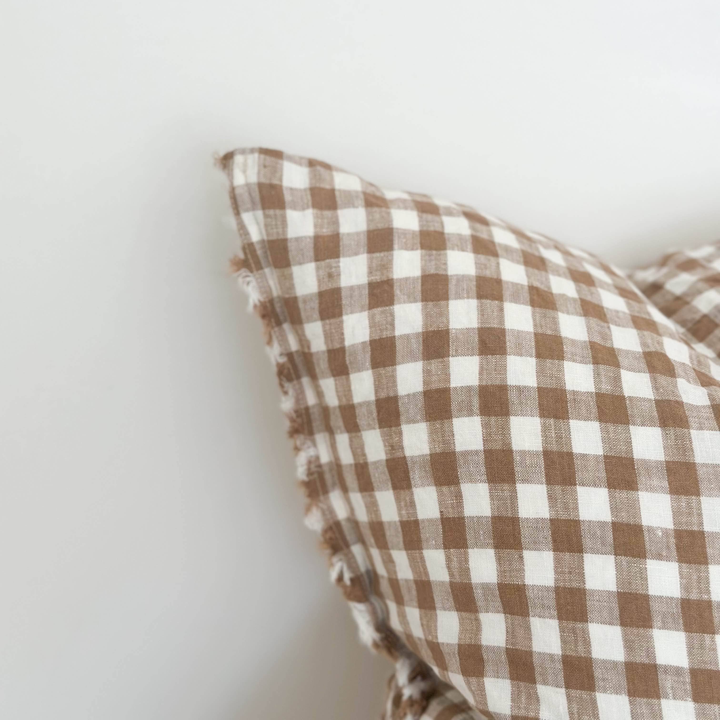 Square Brown and Cream Gingham Cushion with Frayed Edges