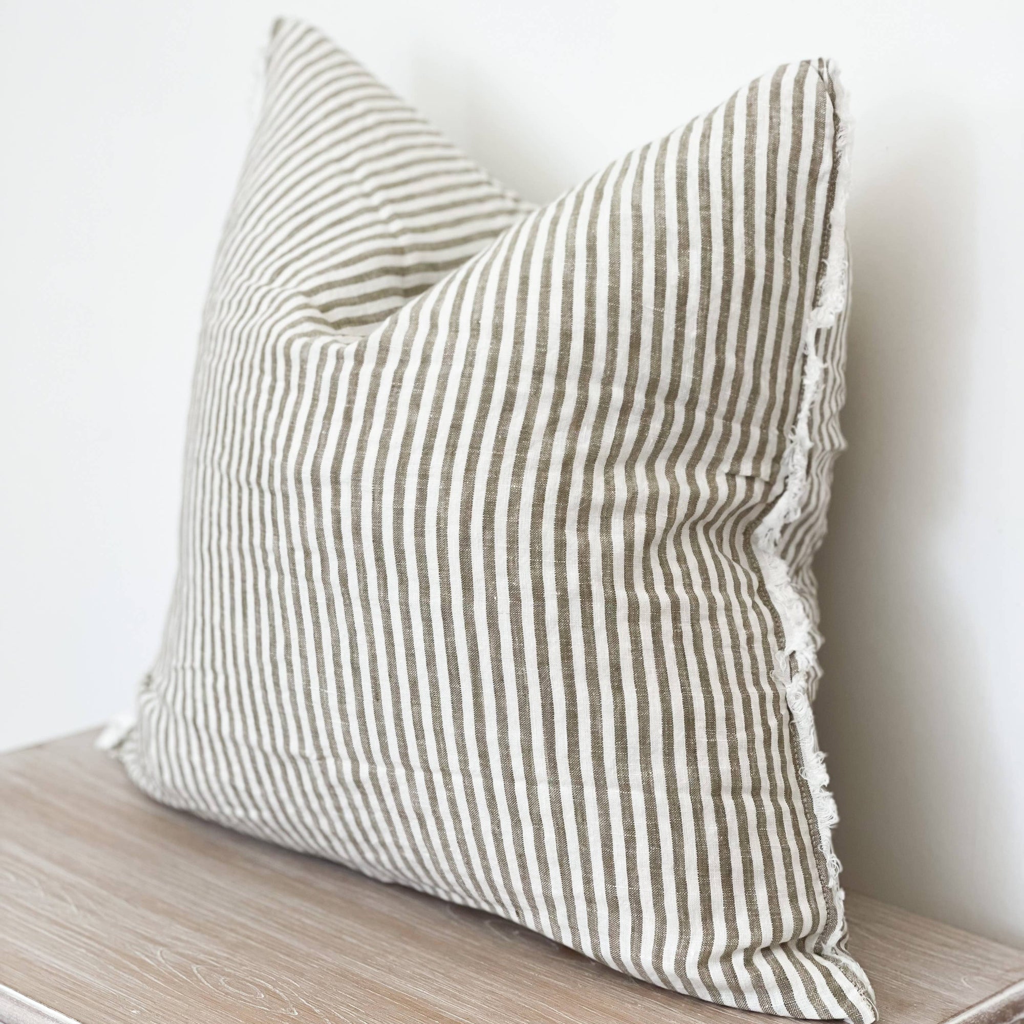 Frayed Edge Linen Cushion Cover – Olive Stripe