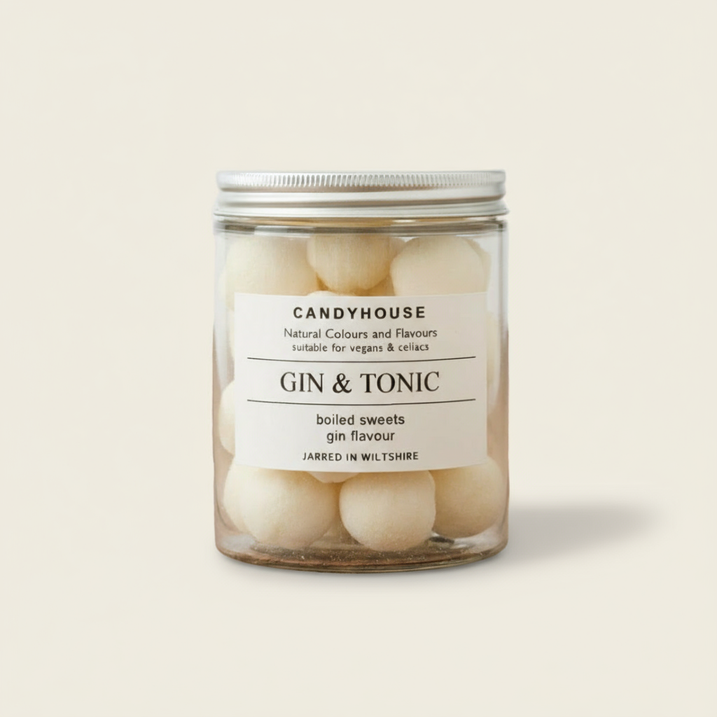 Jar of 'Candyhouse Gin & Tonic' boiled sweets on a wooden surface with a white background