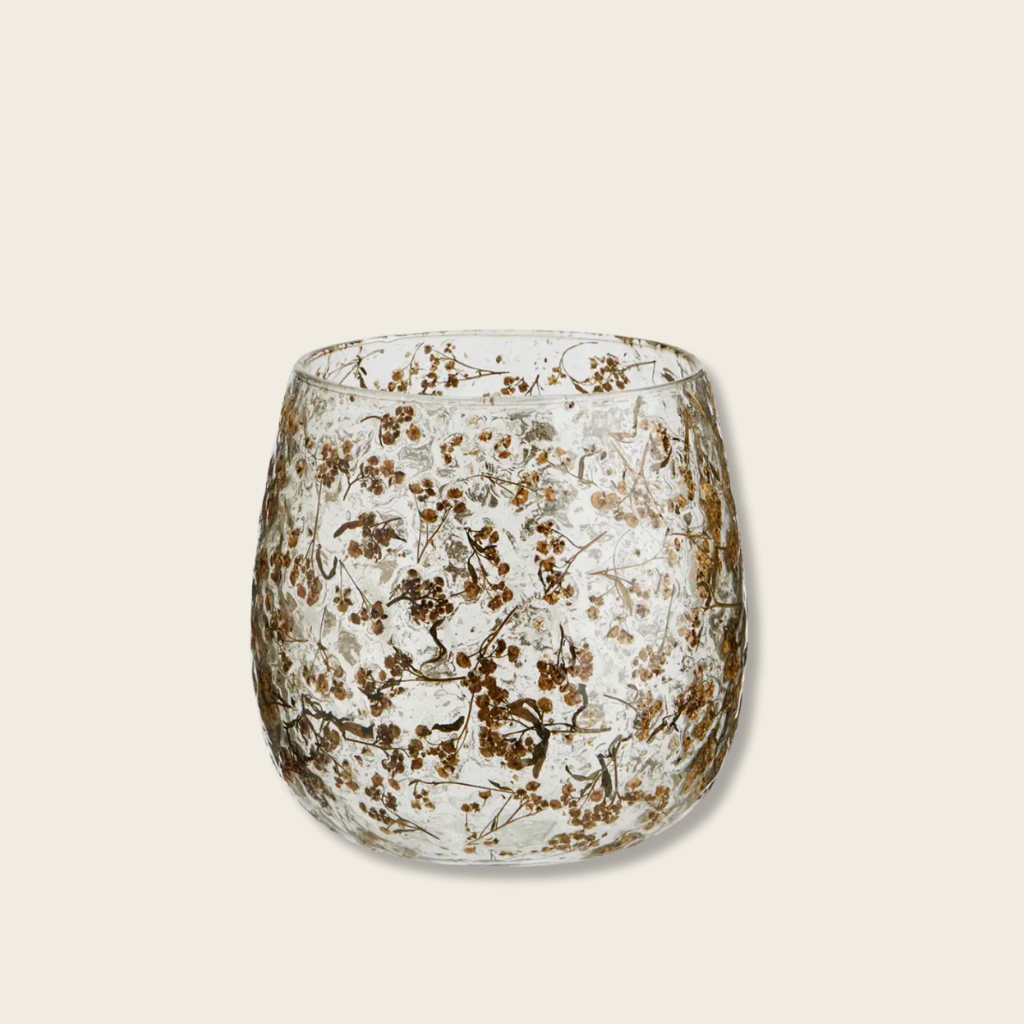 glass votive with inlaid leaves