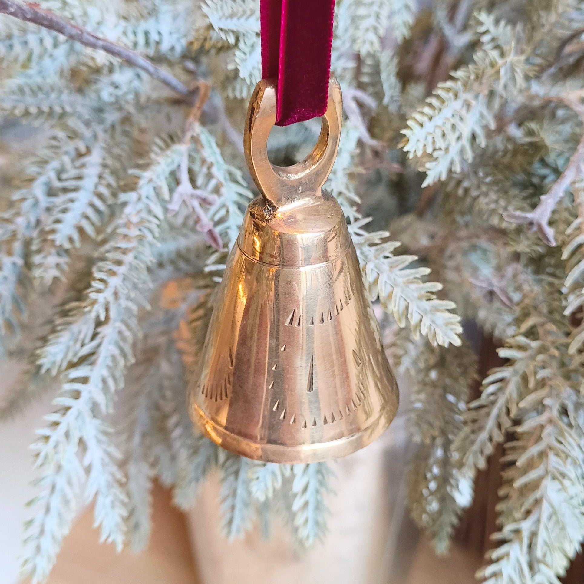 Gold bell ornament on a red ribbon hanging from a branch with white foliage.