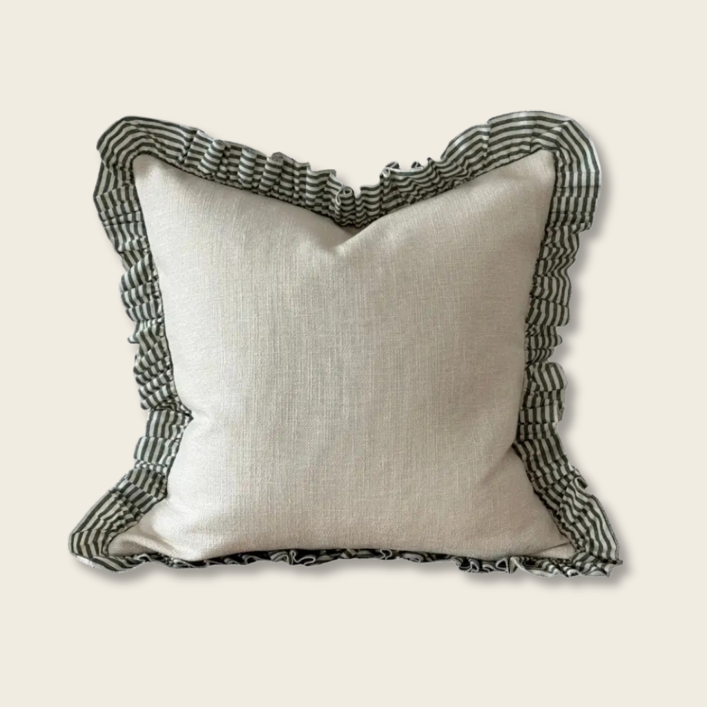 Green and Cream Ruffle Cushion Cover