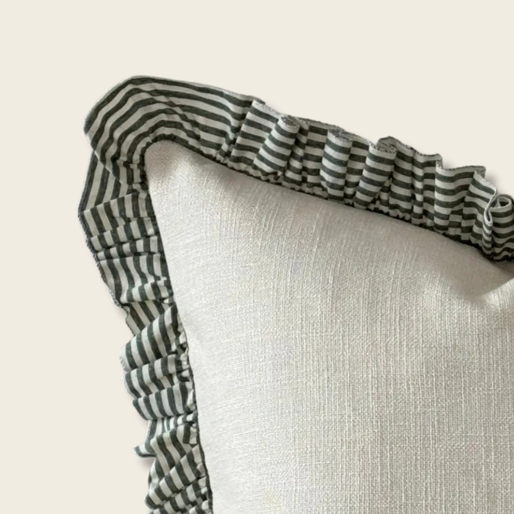 Green and Cream Ruffle Cushion Cover