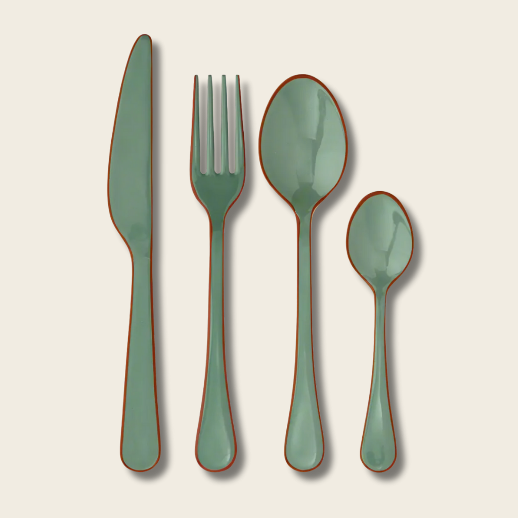 a set of green and rust enamel cutlery