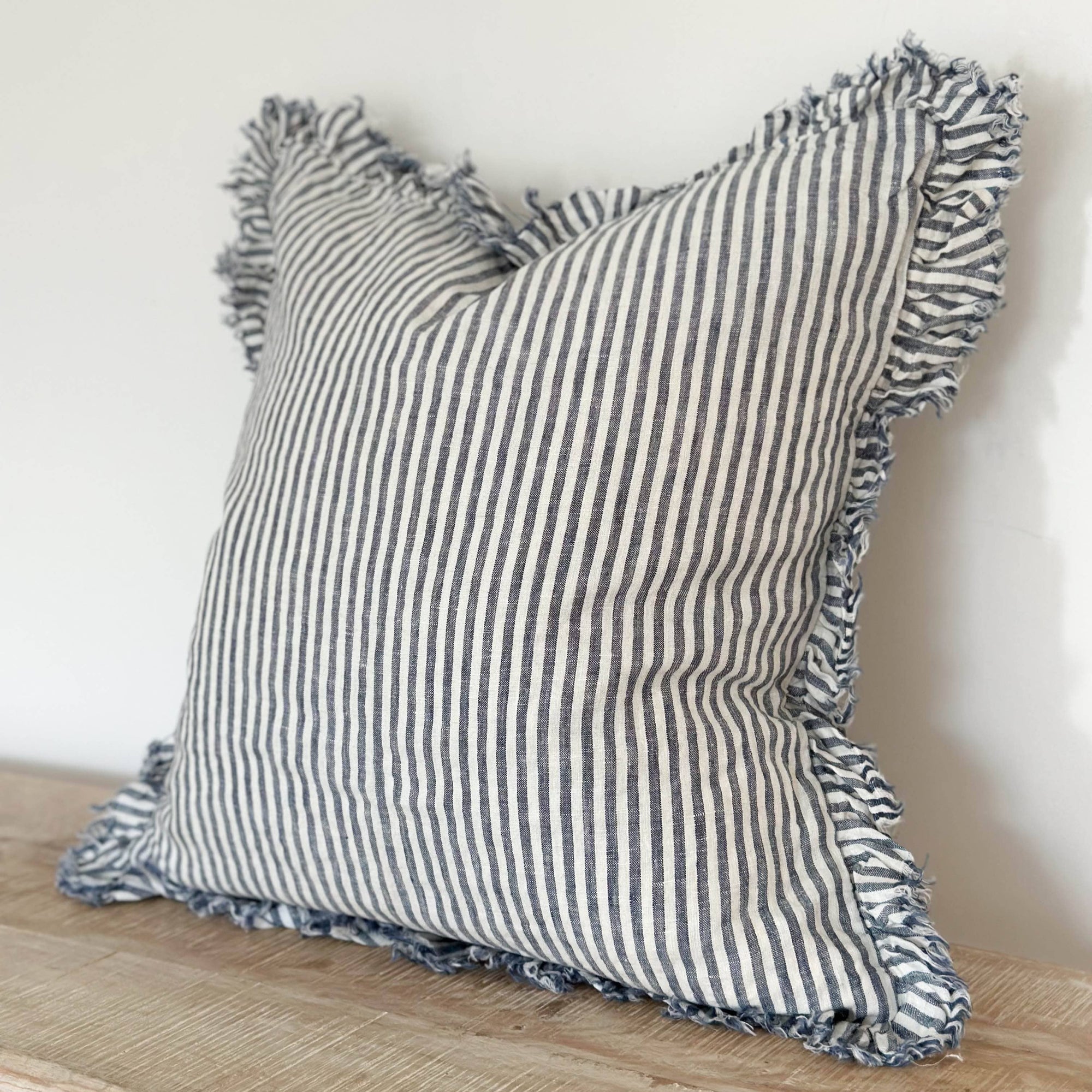 Ruffled Linen Cushion Cover – Navy Stripe