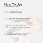 Instructions on how to use a wood stick or incense stick with text and a blurred hand holding a stick.