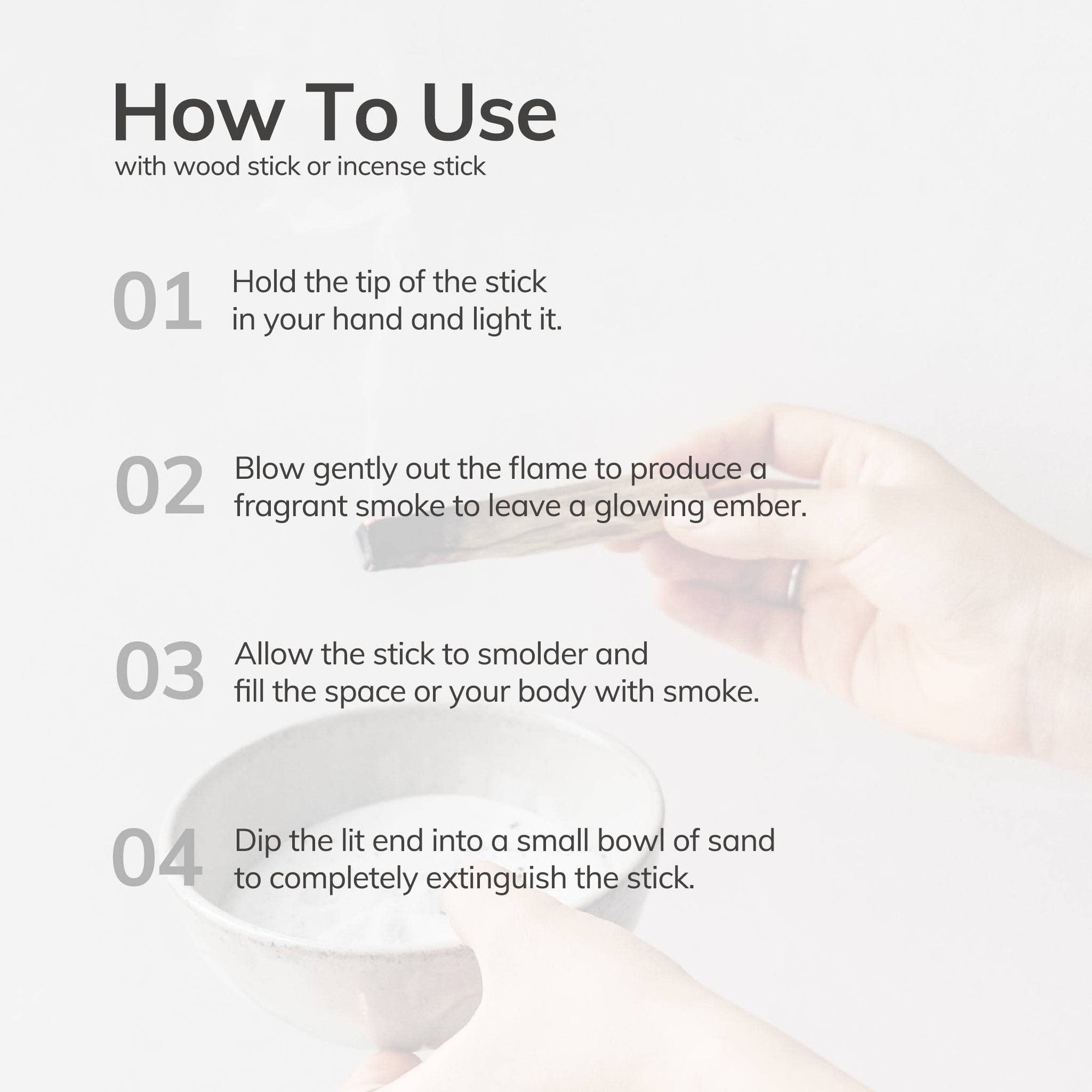 Instructions on how to use a wood stick or incense stick with text and a blurred hand holding a stick.