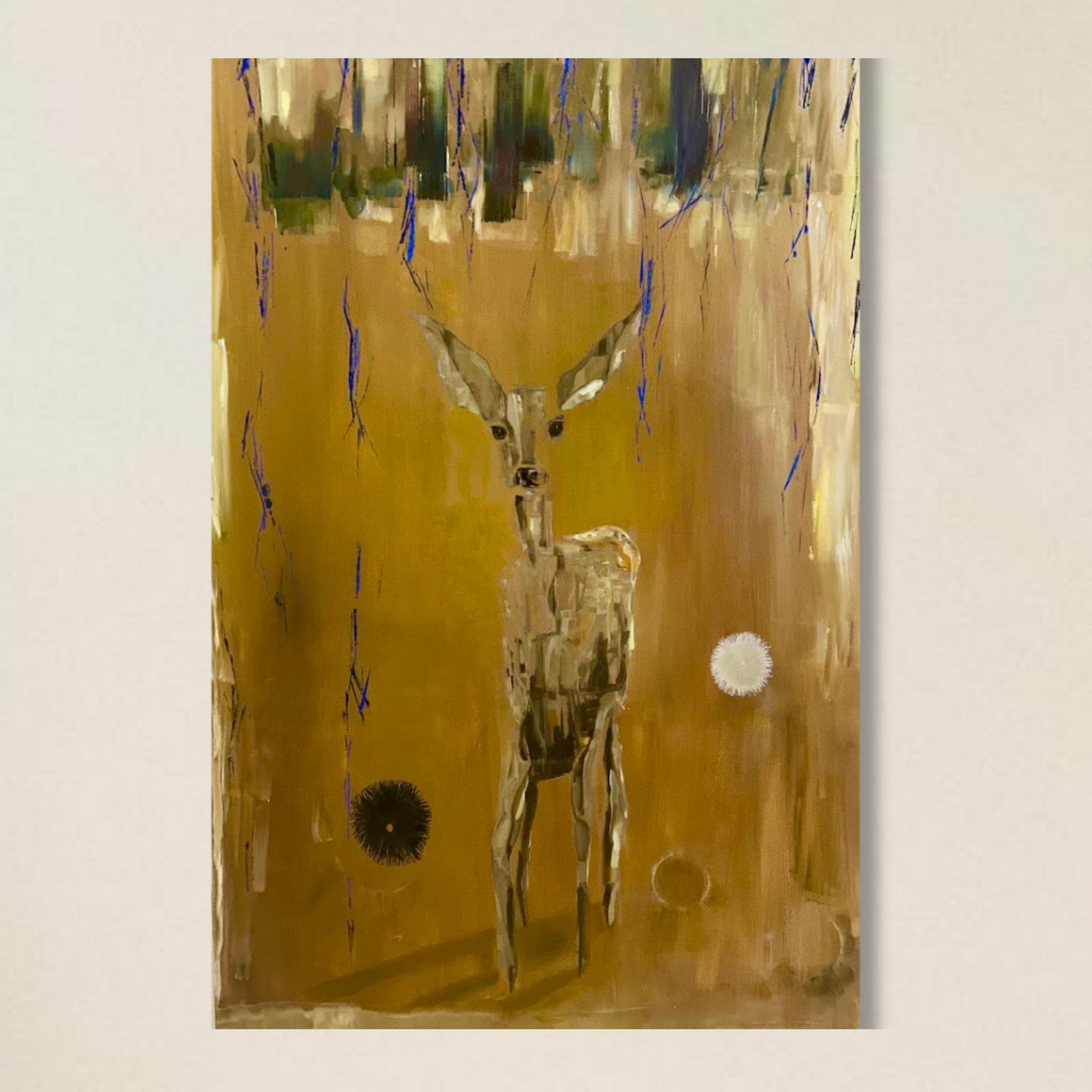 Abstract painting of a deer in a forest with gold and brown tones.