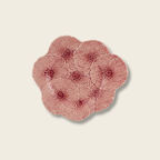 Set of four pink floral coasters on a beige background