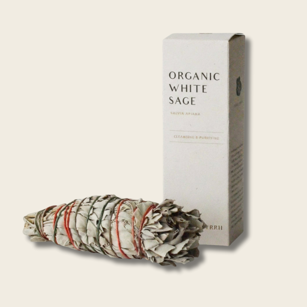 Medium Organic White Sage Smudging Stick box with sage next to it.