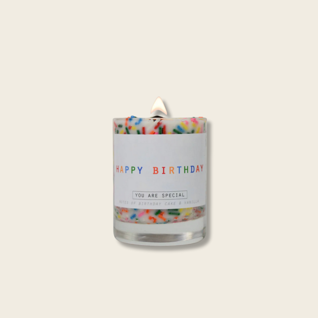 Candle with colorful sprinkles and 'Happy Birthday' label on a white background