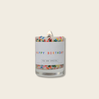 Candle with colorful sprinkles and 'Happy Birthday' label on a white background