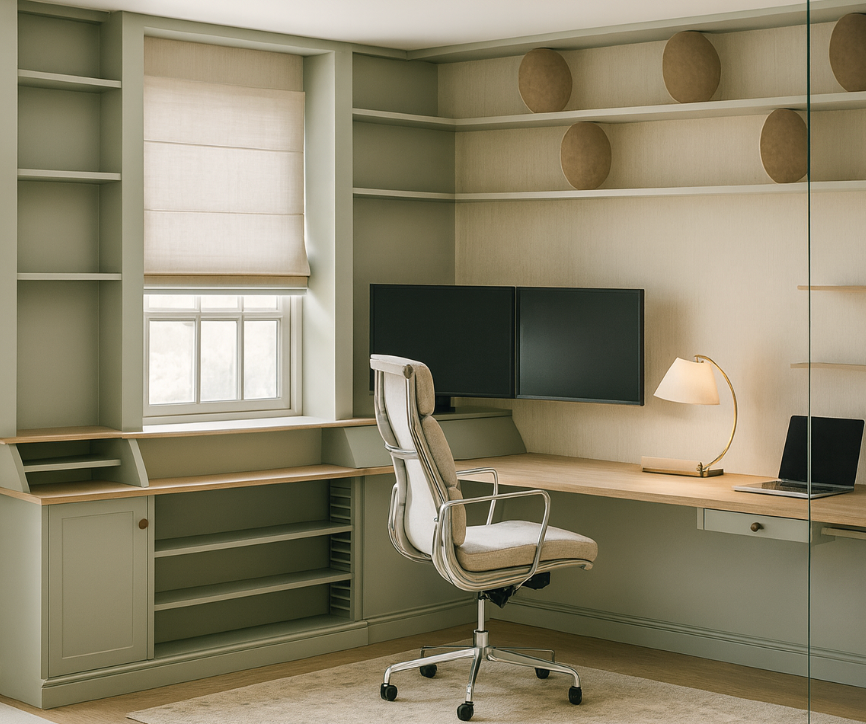 Modern home office with a corner desk, chair, and wall-mounted monitors.