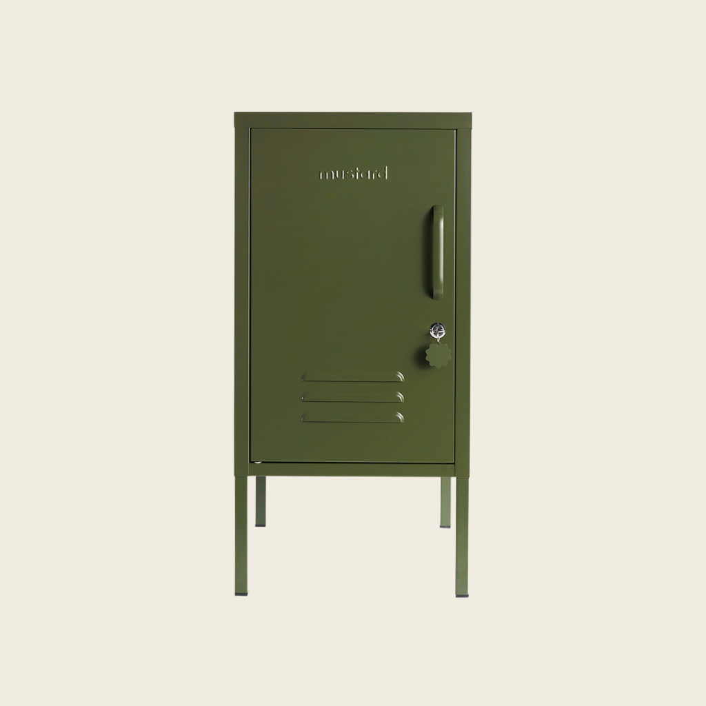 Olive metal locker on a beige background