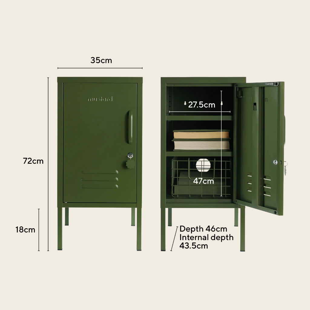 Olive metal locker on a beige background with text measurements