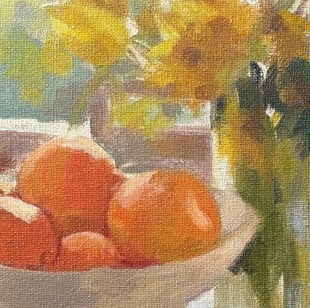 Still life painting with a vase of flowers, bowl of oranges, and a window in the background.